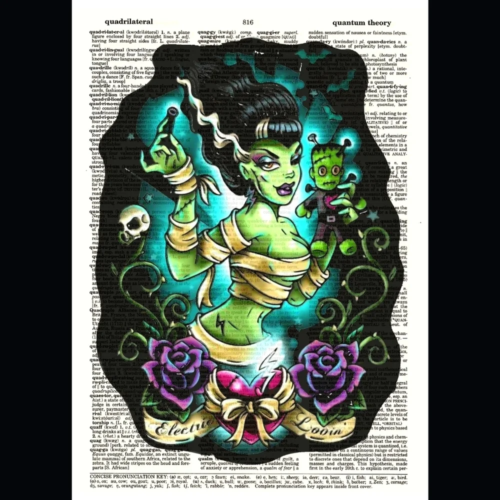 Frankenstein Bride Voodoo Doll Halloween Bright Vintage Dictionary Art Print